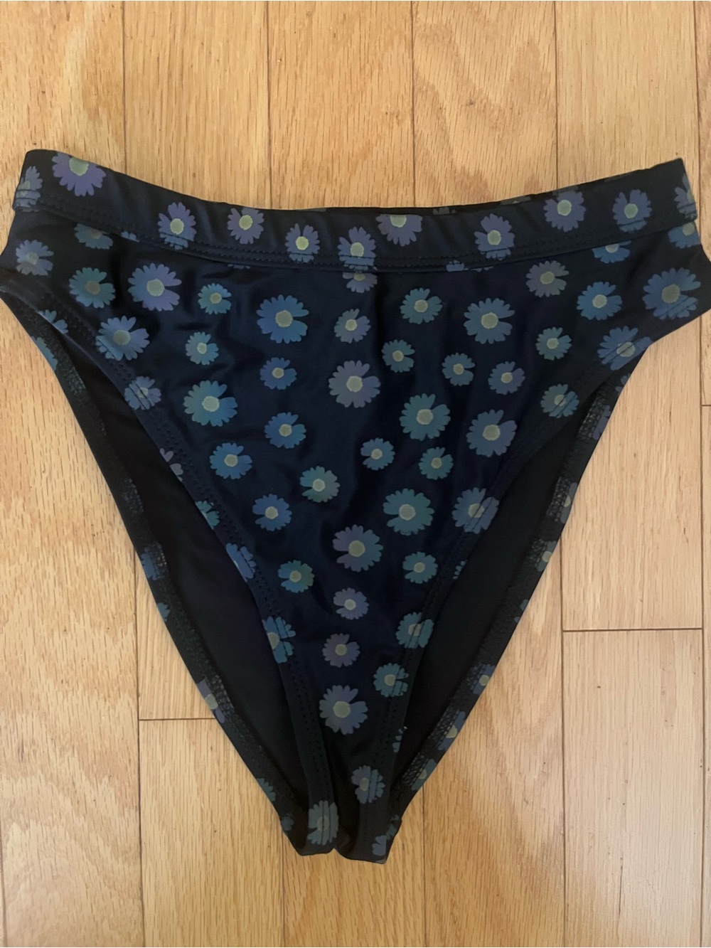 High-Rise Floral Bikini Bottoms - Black with reflective Daisy Print